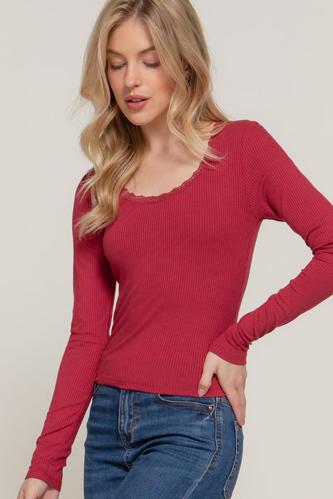 LONG SLV SCOOP NECK LACE TRIM RIB KNIT TOP