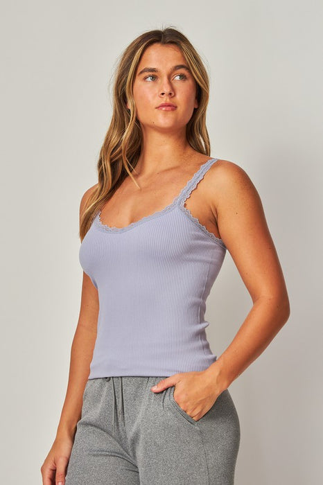 Stretchy Ribbed Seamless Lace Trim Tank Top