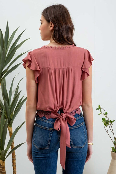 Scallop Lace Trim Back Tie Short Sleeve Crop Top