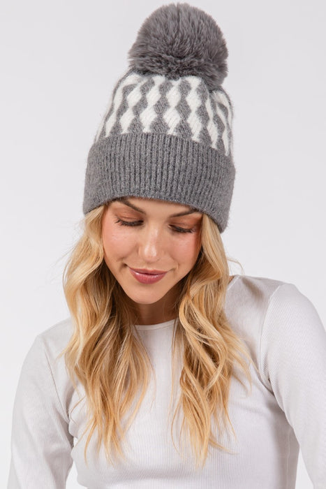 Abstract Diamond Stripe Knit Pom Pom Beanie