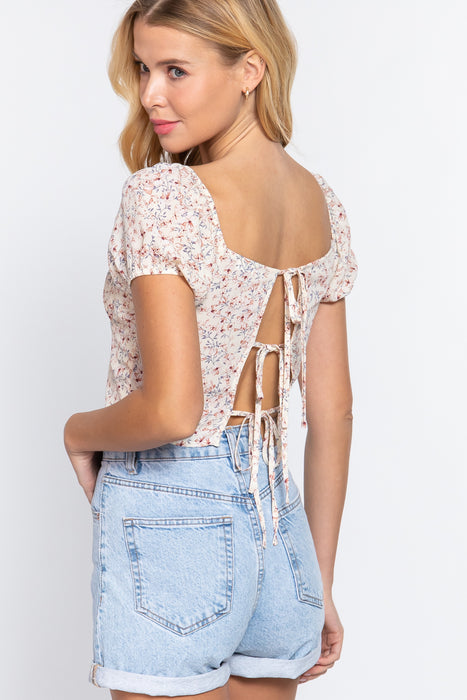 RUCHED OPEN BACK PRINT WOVEN TOP