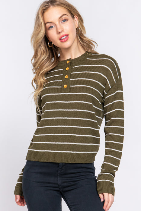 LONG SLV PLACKET STRIPE SWEATER