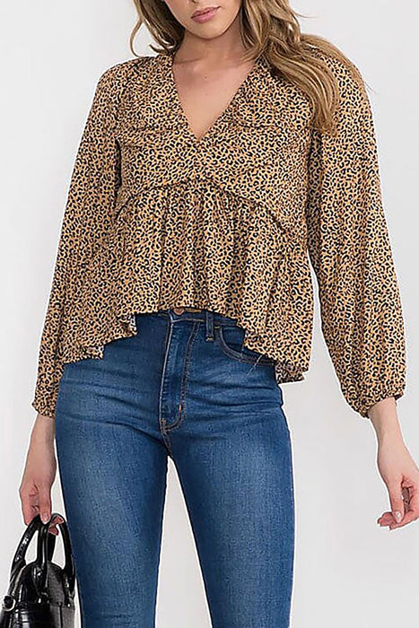 ANIMAL PRINT V NECK PEPLUM BLOUSE