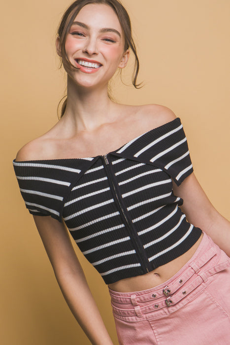 Off- Shoulder Zipped Up Striped Top