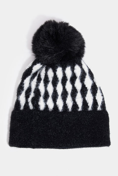 Abstract Diamond Stripe Knit Pom Pom Beanie