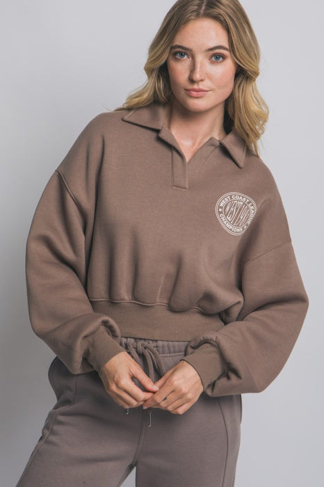 Polo Neck Crop Graphic Sweatshirt