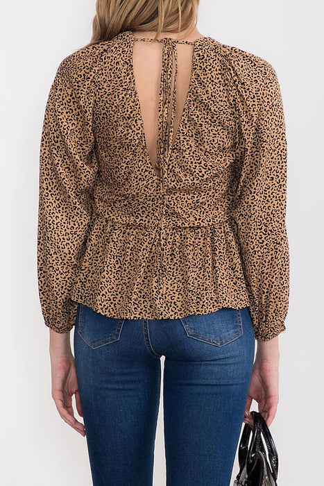 ANIMAL PRINT V NECK PEPLUM BLOUSE