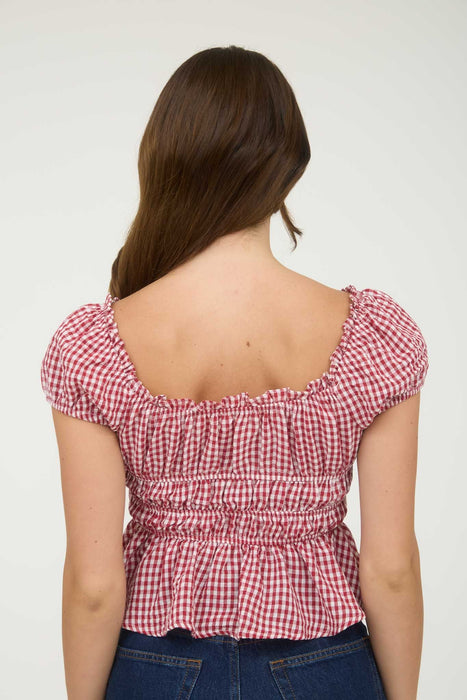 Gingham Bow Detail Shirred Waist Short Sleeve Top