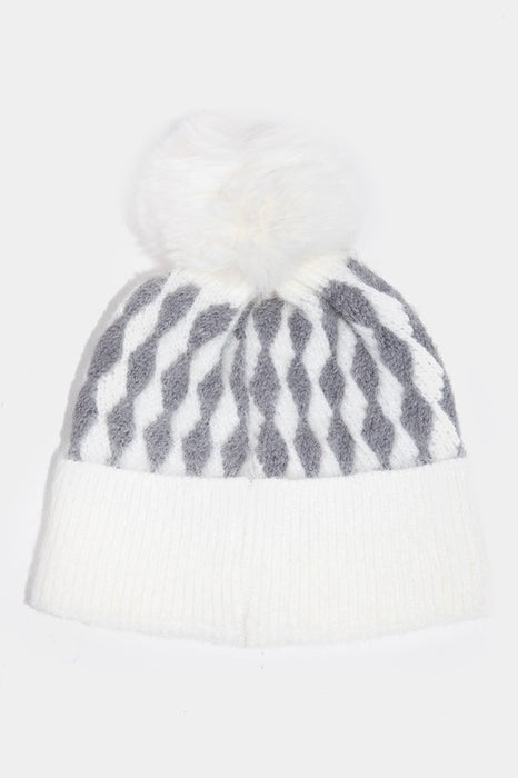 Abstract Diamond Stripe Knit Pom Pom Beanie