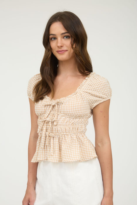 Gingham Bow Detail Shirred Waist Short Sleeve Top