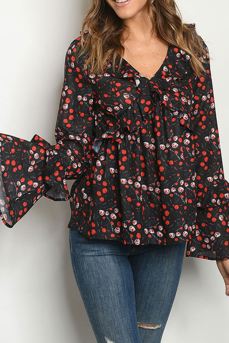 FLORAL PRINT RUFFLE DETAIL BELL SLEEVE TOP