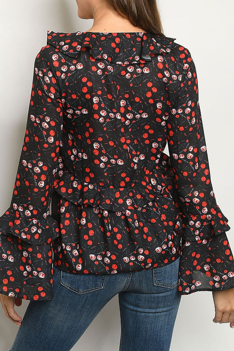 FLORAL PRINT RUFFLE DETAIL BELL SLEEVE TOP