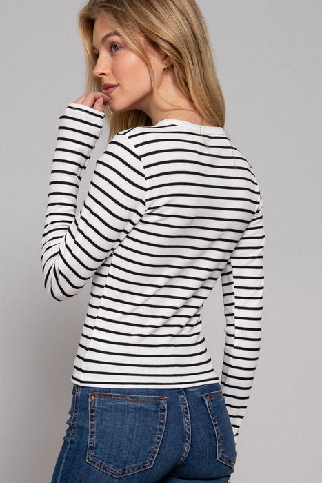 LONG SLV CREW NECK Y/D STRIPE KNIT TOP