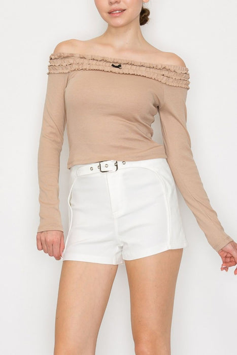 Off-shoulder Gathered Ribbon Fitted Top