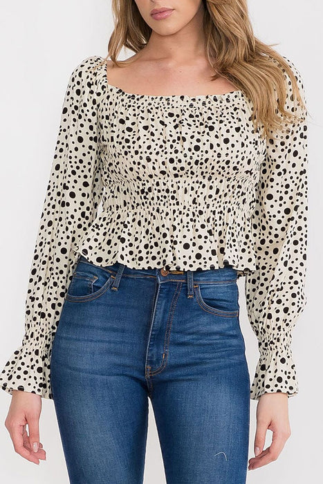 ANIMAL PRINT LONG SLEEVE SMOCKED DETAIL BLOUSE TOP