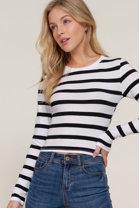 LONG SLV CREW NECK Y/D STRIPE KNIT TOP