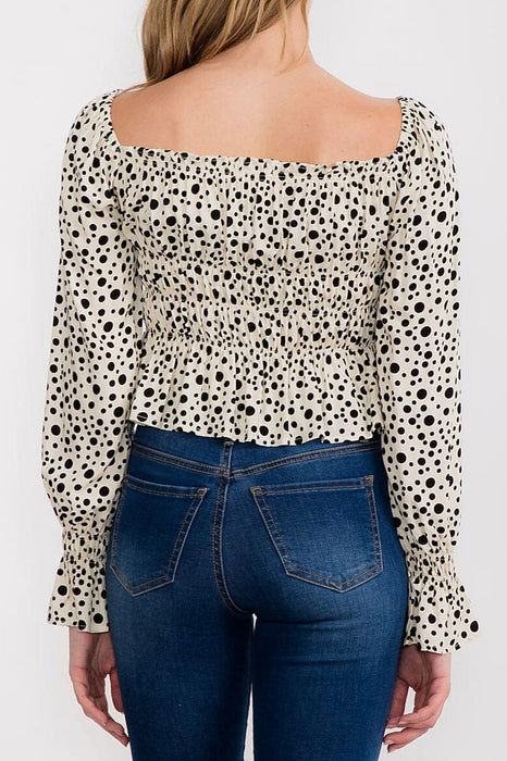 ANIMAL PRINT LONG SLEEVE SMOCKED DETAIL BLOUSE TOP