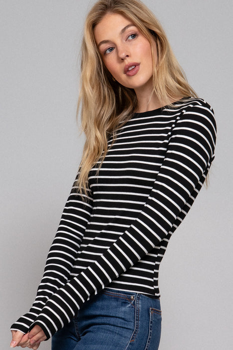 LONG SLV CREW NECK Y/D STRIPE KNIT TOP