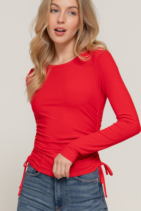 LONG SLV SIDE RUCHED RIB KNIT TOP