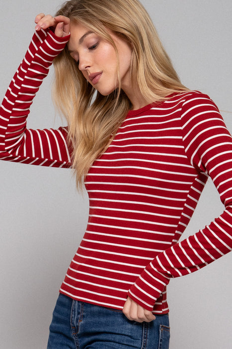 LONG SLV CREW NECK Y/D STRIPE KNIT TOP