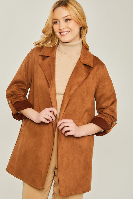 Lapel Suede Coat With Snap Closure Sleeve Detail