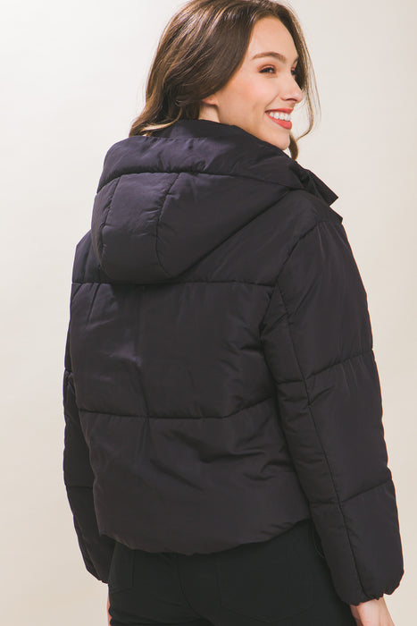 Hooded Puffer Jacket with Snap Closure