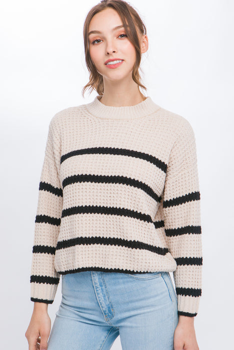Striped Waffle Knit Long Sleeve Sweater Top