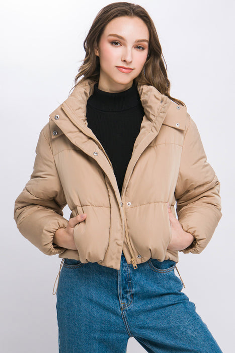 Hooded Puffer Jacket with Snap Closure