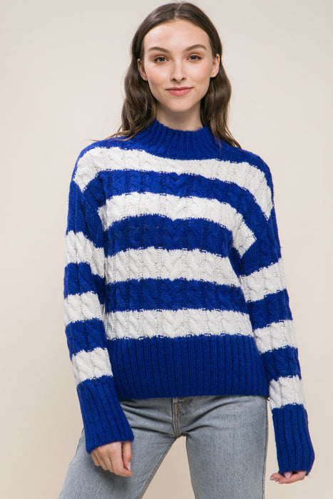 Striped Cable-Knit Pullover Sweater