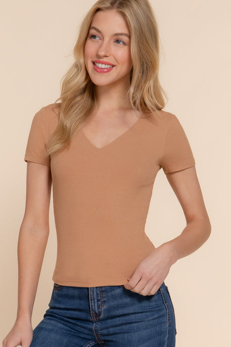 SHORT SLV V-NECK 2 PLY RAYON RIB KNIT TOP