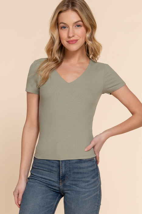 SHORT SLV V-NECK 2 PLY RAYON RIB KNIT TOP