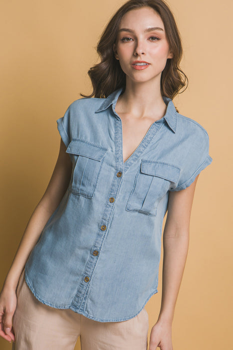 Collared Roll-Cuff Shirt Top