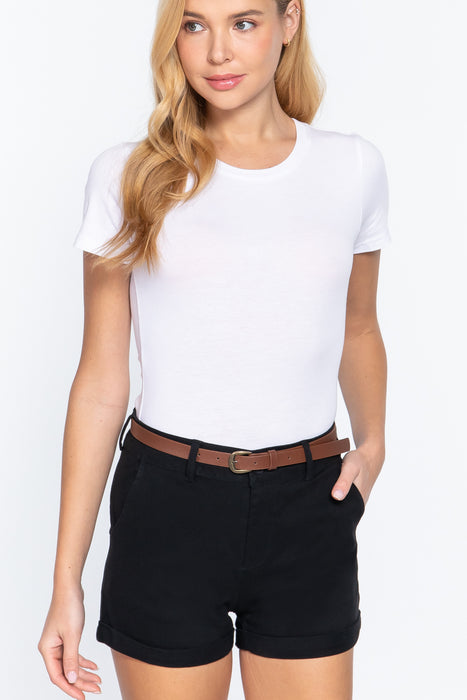 COTTON-SPAN TWILL BELTED SHORT PANTS