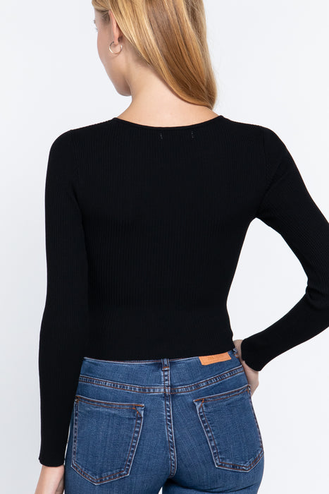 LONG SLV CREW NECK LACE UP SWEATER