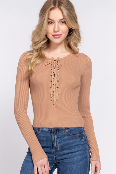 LONG SLV CREW NECK LACE UP SWEATER