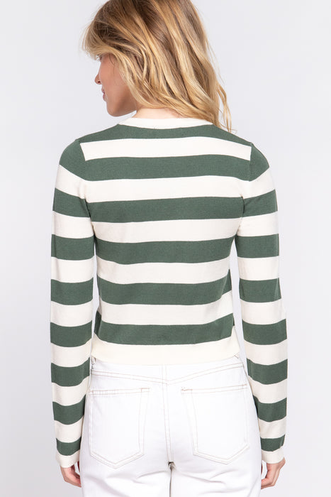 LONG SLV CREW NECK STRIPE FITTED SWEATER