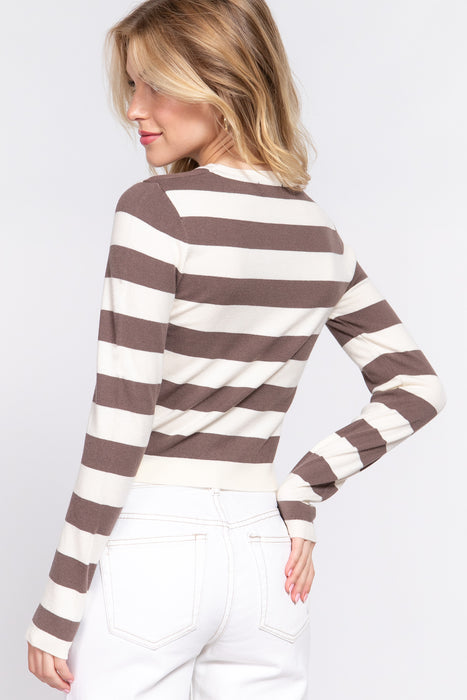 LONG SLV CREW NECK STRIPE FITTED SWEATER