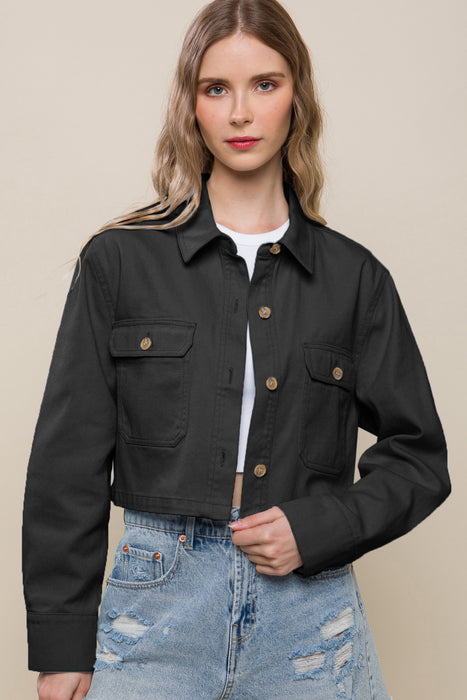 Denim Crop Jacket with Buttoned Front Pockets