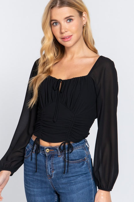 LONG SLEEVE FRONT TIED RUCHED BLACK TOP