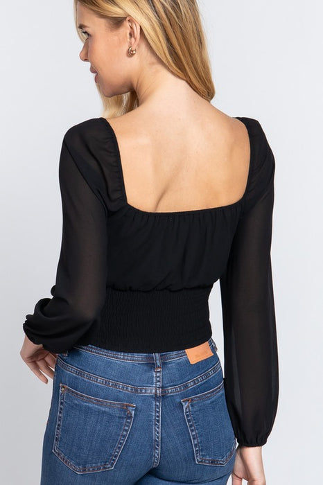 LONG SLEEVE FRONT TIED RUCHED BLACK TOP