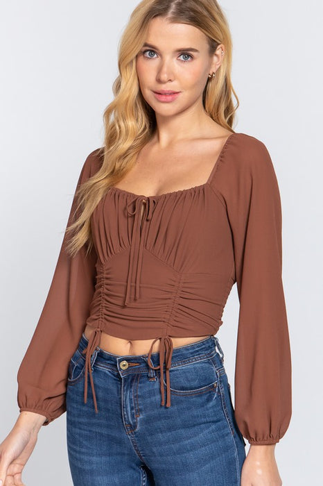 LONG SLEEVE FRONT TIED RUCHED BROWN TOP
