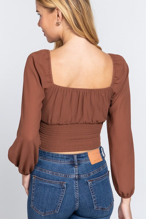 LONG SLEEVE FRONT TIED RUCHED BROWN TOP