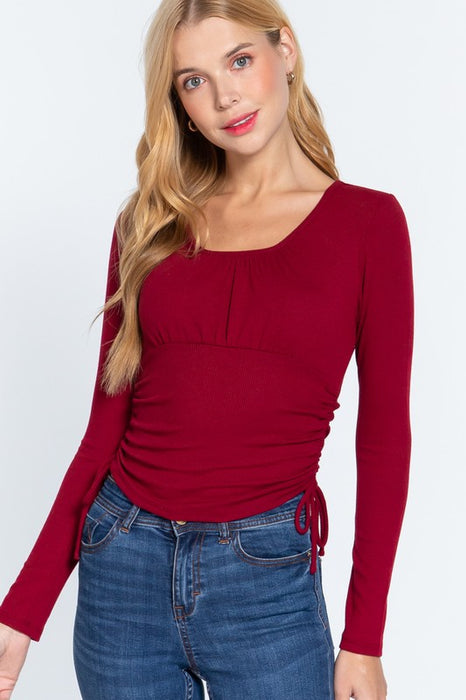 LONG SLEEVE RUCHED SIDE BURGUNDY TOP