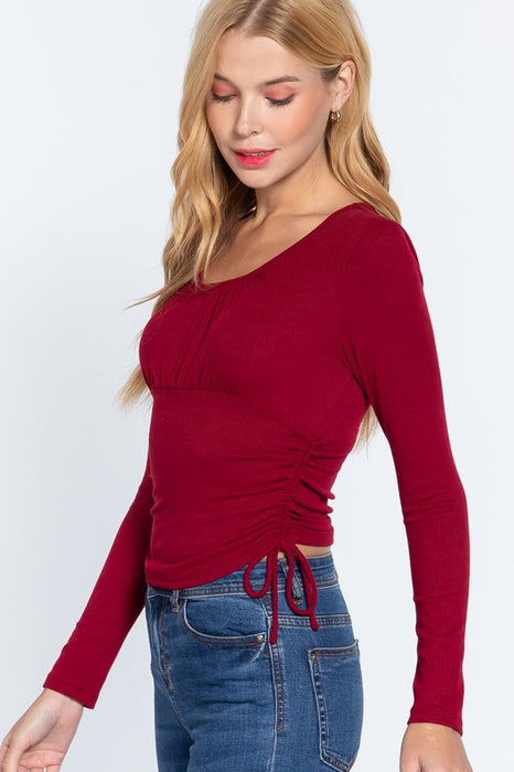 LONG SLEEVE RUCHED SIDE BURGUNDY TOP