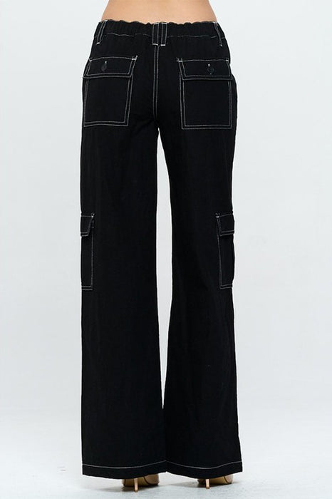 MID RISE WIDE CONTRAST STITCH CARGO PANTS