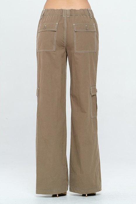 MID RISE WIDE CONTRAST STITCH CARGO PANTS