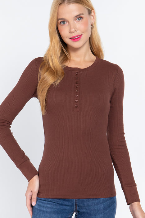 Active Basic - LONG SLEEVE HENLEY THERMAL BROWN TOP